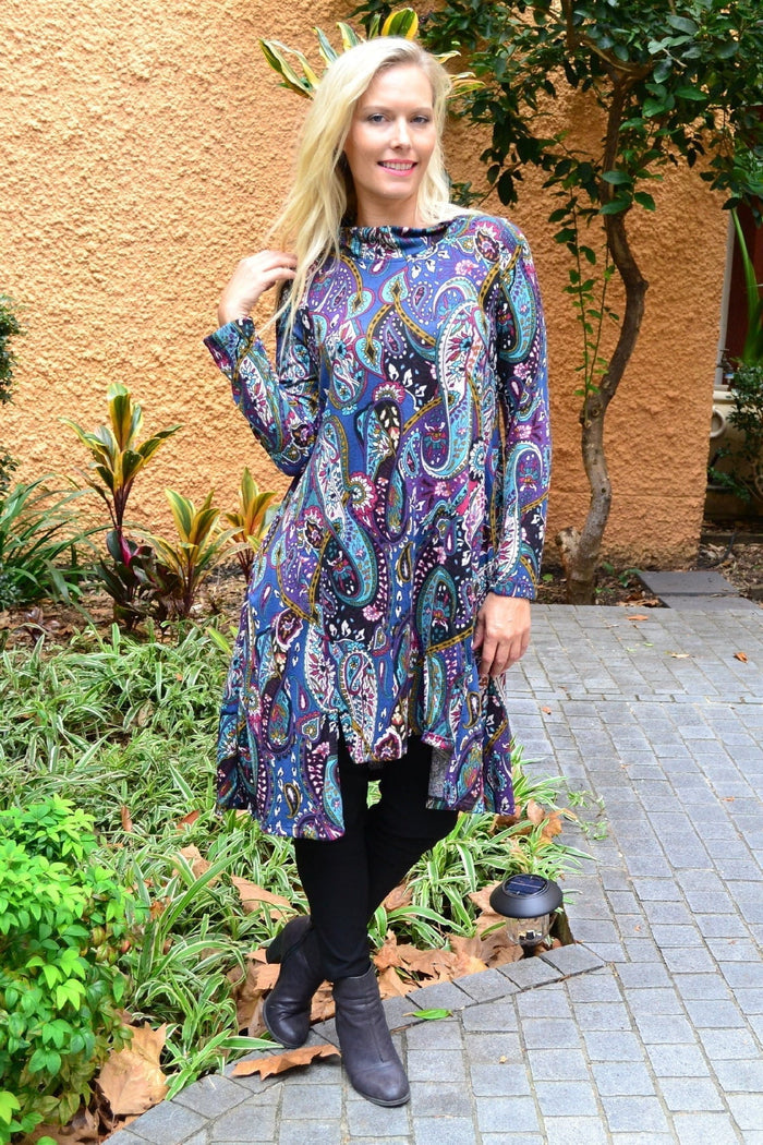 Hourglass Penelope Paisley Fleece Tunic Dress with long sleeves and a relaxed fit, featuring a colorful paisley pattern.