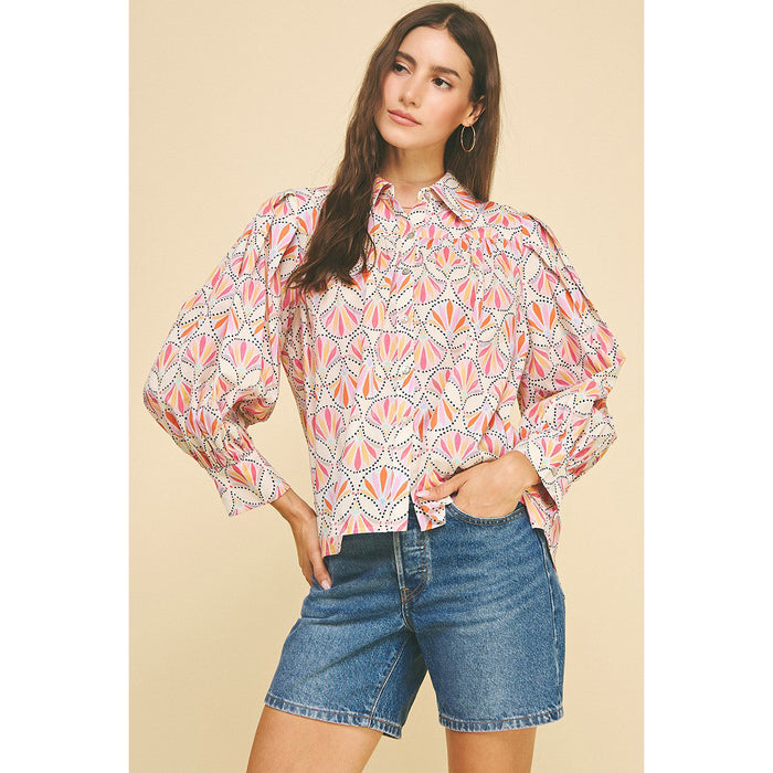 Pinch -  Printed, Button Down Shirt Top 5374 - Pink Multi