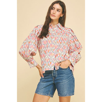 Pinch -  Printed, Button Down Shirt Top 5374 - Pink Multi