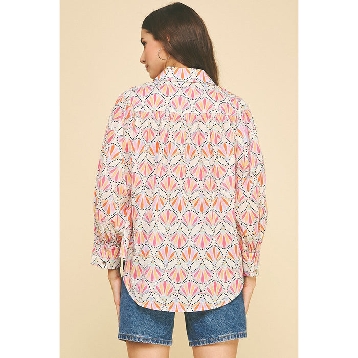 Pinch -  Printed, Button Down Shirt Top 5374 - Pink Multi