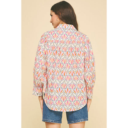 Pinch -  Printed, Button Down Shirt Top 5374 - Pink Multi