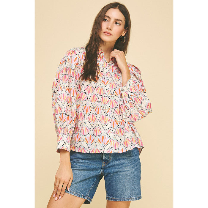 Pinch -  Printed, Button Down Shirt Top 5374 - Pink Multi