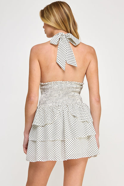 Polka Dot Halter Mini Dress Ruffle Open Back