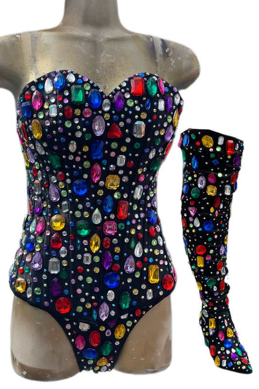 Rainbow Bejeweled Pop Star Corset and Panty Costume