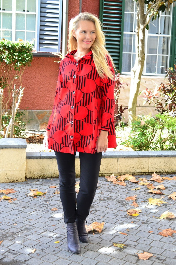 Red deck of cards high collar tunic shirt by Ruby Rain, featuring a stylish tunic design with a high neckline.
