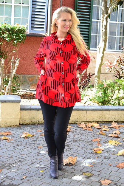Red deck of cards high collar tunic shirt by Ruby Rain, featuring a stylish design and a high neckline on a casual top.