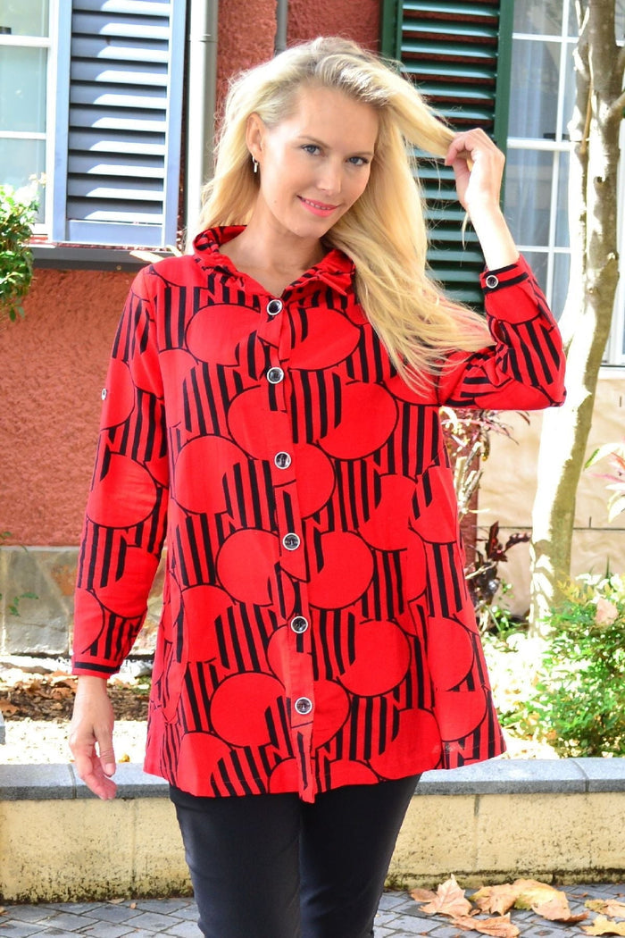 Red deck of cards themed high collar tunic shirt by Ruby Rain, featuring a stylish design and comfortable fit.