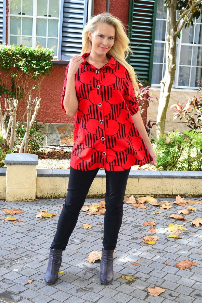 Red deck of cards high collar tunic shirt by Ruby Rain, shown with a close-up of the fabric and high neckline detail.