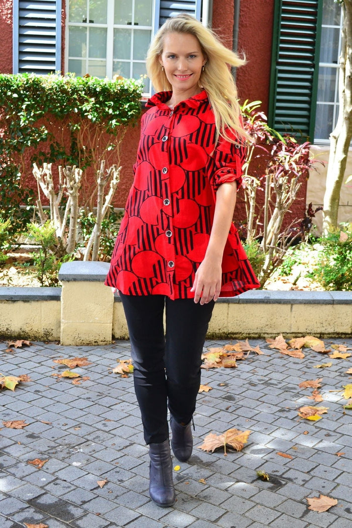 Red deck of cards high collar tunic shirt by Ruby Rain, showcasing a stylish tunic with a high collar and vibrant card print.