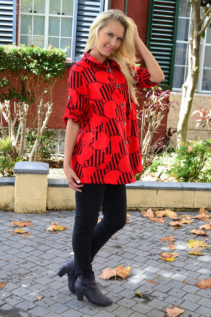 Red deck of cards print high collar tunic shirt by Ruby Rain, featuring a vibrant card design and a stylish, high neckline.