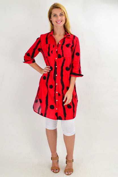Red Ruby Rain tunic shirt with black dot pattern, casual women's top with long sleeves and a relaxed fit.