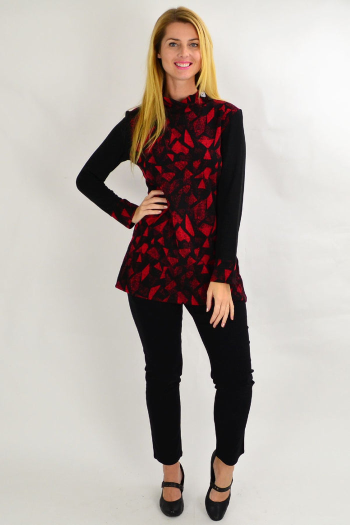 Red smart abstract tunic top by Whispers featuring a modern, stylish design perfect for winter ladies' fashion.