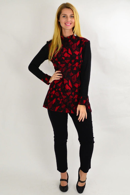 Red smart abstract tunic top by Whispers featuring a modern, stylish design perfect for winter ladies' fashion.