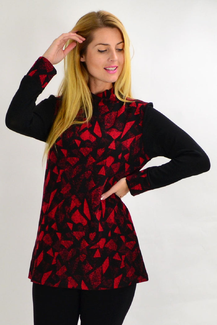 Red smart abstract tunic top for women by Whispers, featuring a stylish winter design and modern fit.