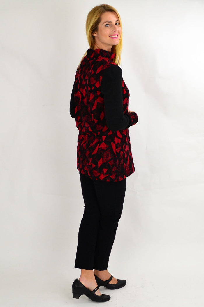 Red Whispers abstract tunic top for women featuring a stylish, winter-appropriate design with a relaxed fit and vibrant pattern.