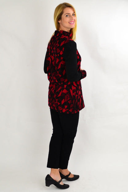 Red Whispers abstract tunic top for women featuring a stylish, winter-appropriate design with a relaxed fit and vibrant pattern.