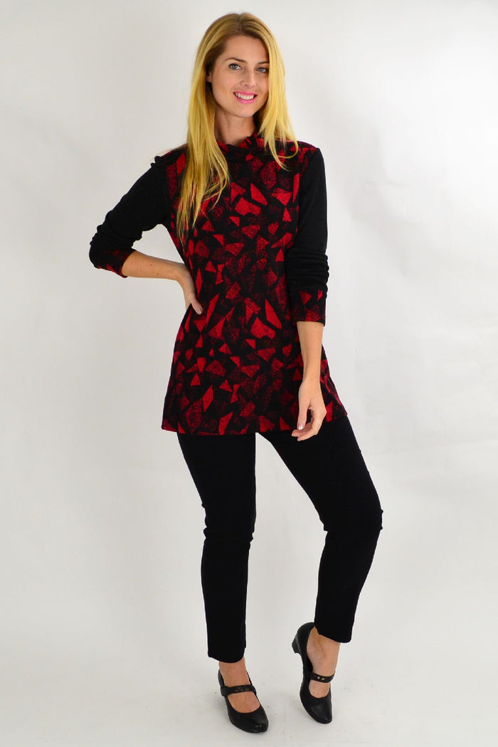 Red smart abstract tunic top for women by Whispers, featuring a modern, stylish design perfect for winter wear.