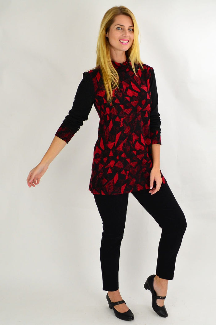 Red smart abstract tunic top by Whispers, featuring a stylish winter design perfect for ladies' casual wear.