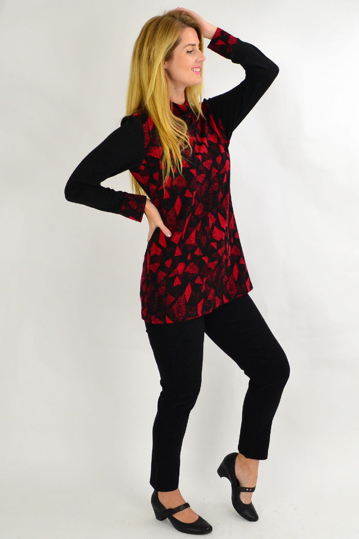 Red Whispers smart abstract tunic top for women, featuring a stylish design and comfortable fit, shown from the front.