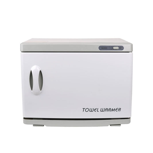 Large 18L towel warmer for spas; white professional towel warmer; 18L spa towel warmer with free hand towels; towel warmer holding 36 spa towels; compact salon towel warmer; spa towel warmer with white cotton hand towels