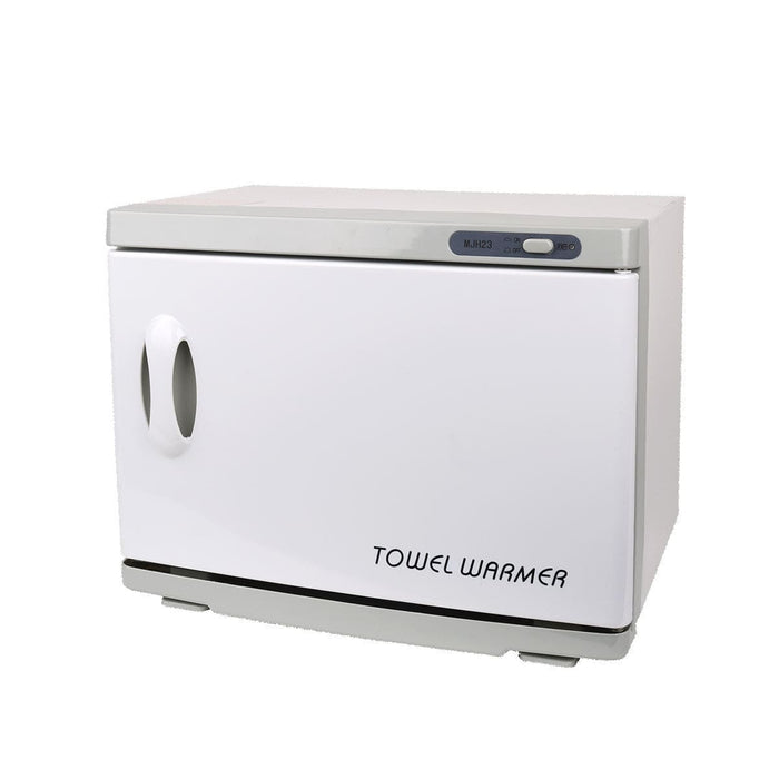 Large 18L towel warmer for spas; white professional towel warmer; 18L spa towel warmer with free hand towels; towel warmer holding 36 spa towels; compact salon towel warmer; spa towel warmer with white cotton hand towels