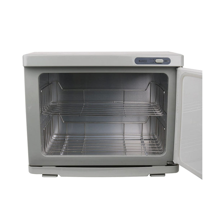 Large 18L towel warmer for spas; white professional towel warmer; 18L spa towel warmer with free hand towels; towel warmer holding 36 spa towels; compact salon towel warmer; spa towel warmer with white cotton hand towels