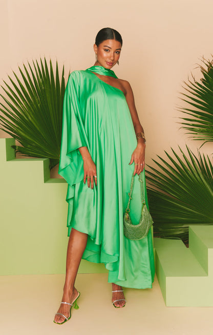 Rhea One Shoulder Dress ~ Kiwi Luxe Satin