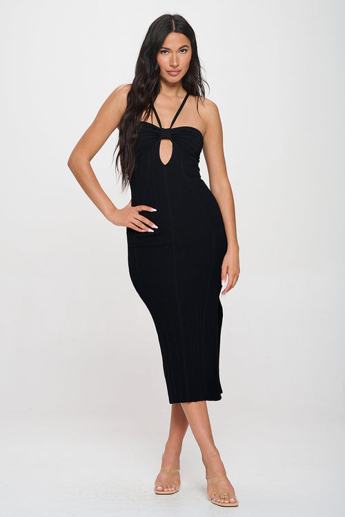 Ribbed Halter Neck Maxi Dress Side Slit