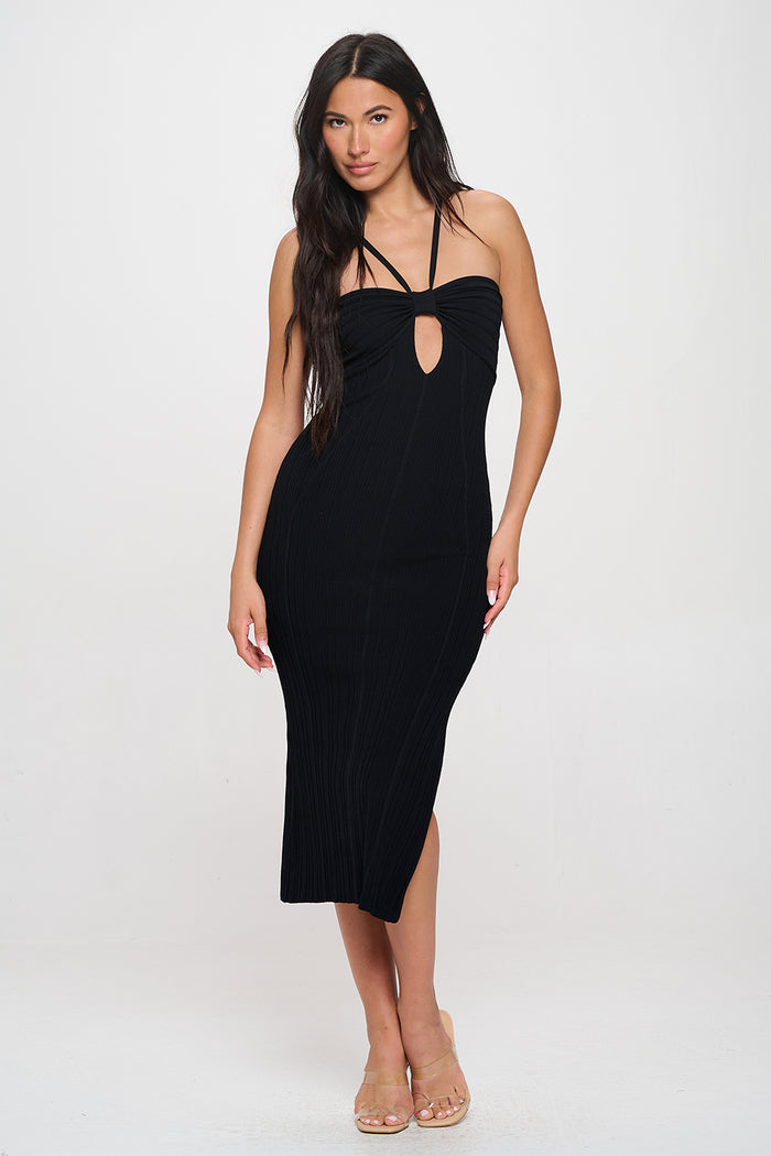 Ribbed Halter Neck Maxi Dress Side Slit