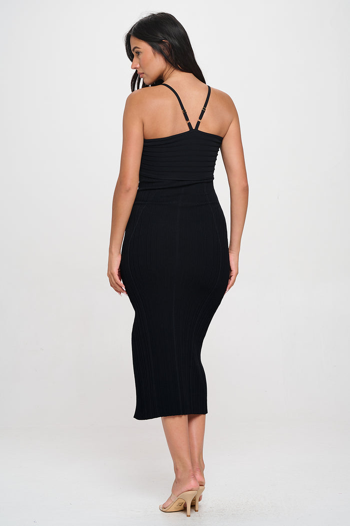 Ribbed Halter Neck Maxi Dress Side Slit