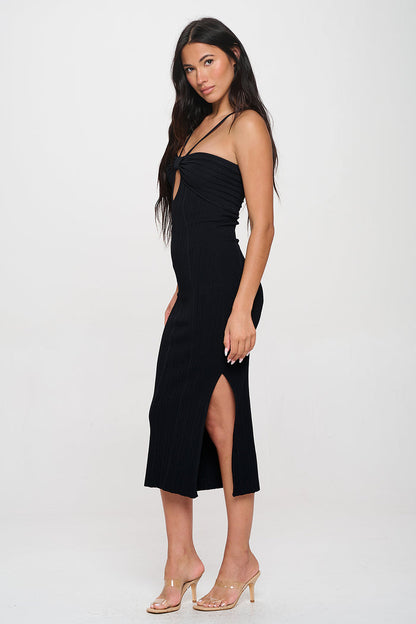 Ribbed Halter Neck Maxi Dress Side Slit