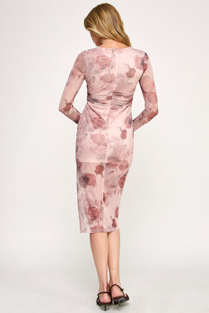 Rose Mesh Dress - Tie Dye Surplice Ruched Midi