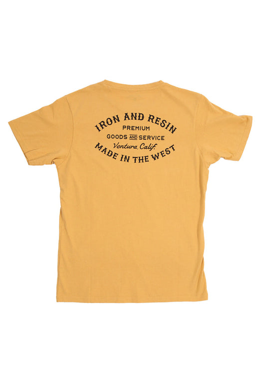 Yellow T-shirt with "Iron and Resin" text, promoting premium goods and service, Ventura, Calif., made in the West.