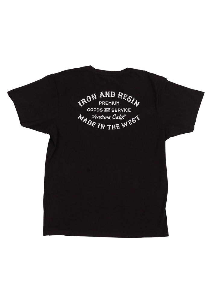 Black T-shirt with "Iron and Resin, Premium Goods and Service, Ventura, Calif, Made in the West" printed in white on the back.