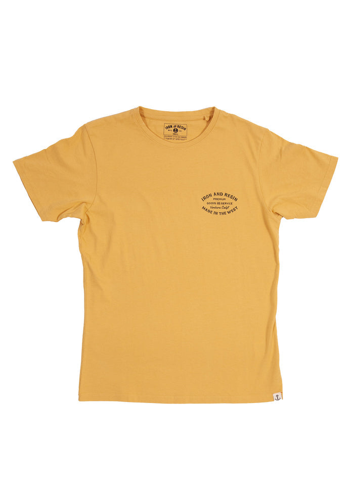 Yellow T-shirt with "Iron and Resin" logo on chest, text reads "Made in the West." Simple design on a plain white background.