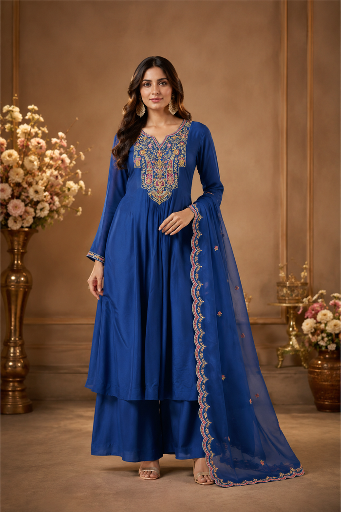 Royal Blue Embroidered Kurta Palazzo Set with Dupatta