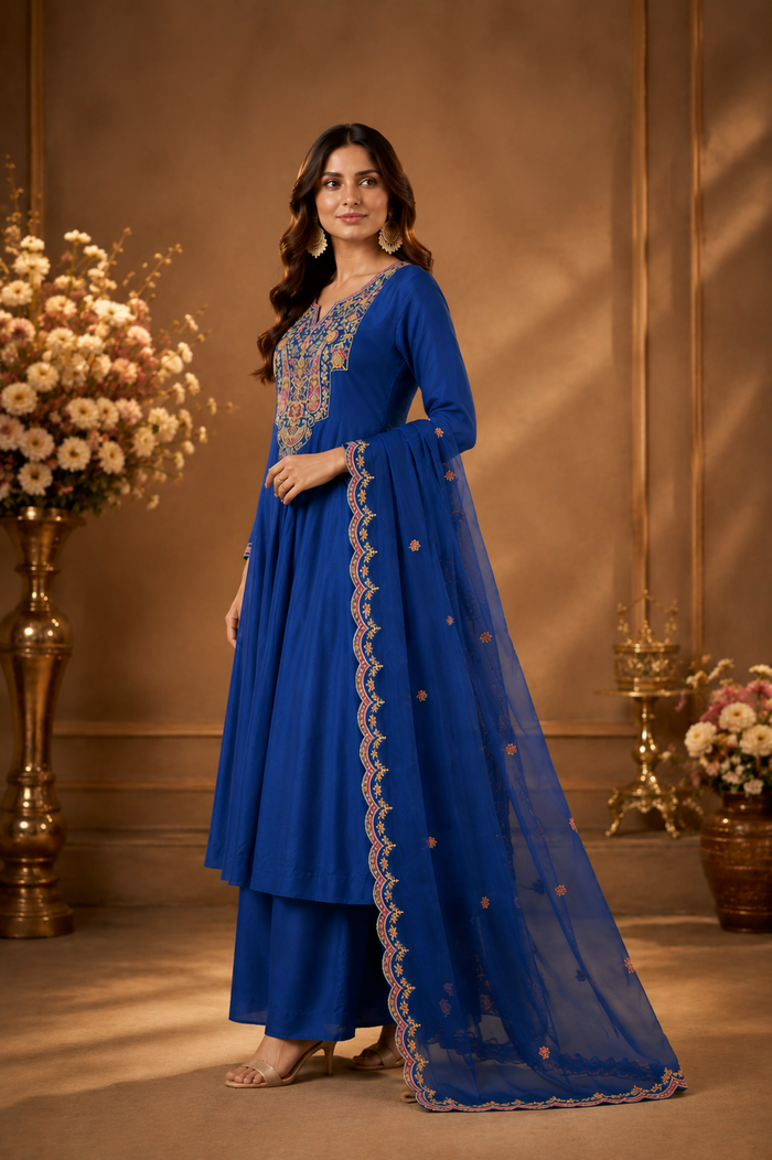 Royal Blue Embroidered Kurta Palazzo Set with Dupatta