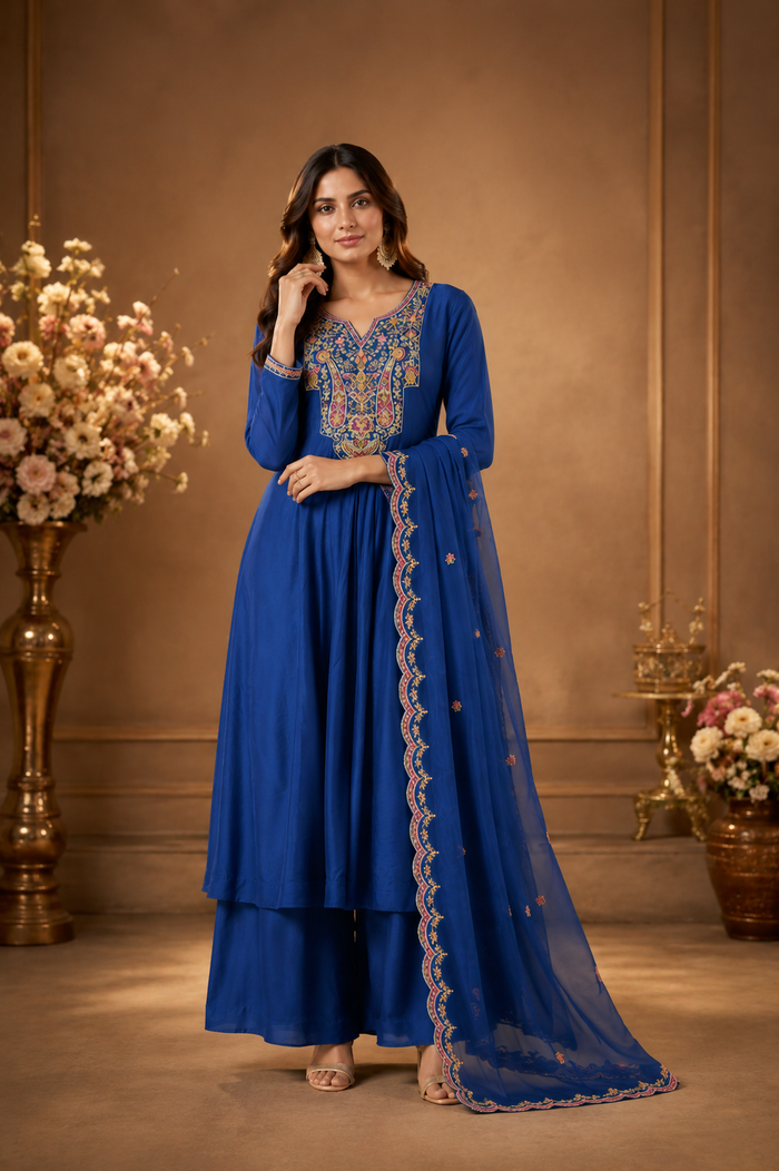 Royal Blue Embroidered Kurta Palazzo Set with Dupatta