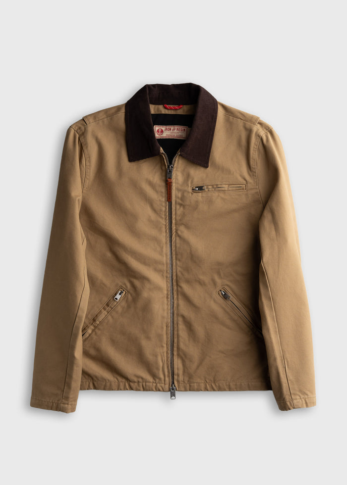 Brown jacket with a dark collar, front zipper, and pockets on a light background. Simple, stylish outerwear for casual wear.