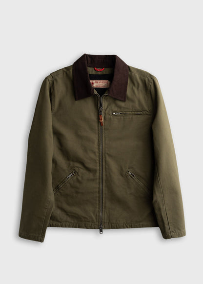 Olive green jacket with a dark brown collar, featuring a front zipper and pockets, displayed on a plain white background.