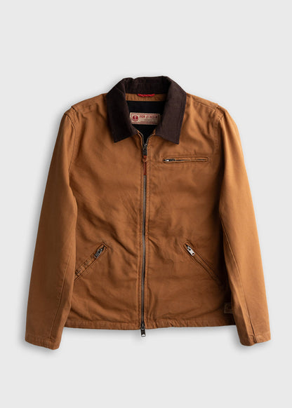 Brown jacket with a dark collar, zippered pockets, and front zip closure, displayed on a plain background.