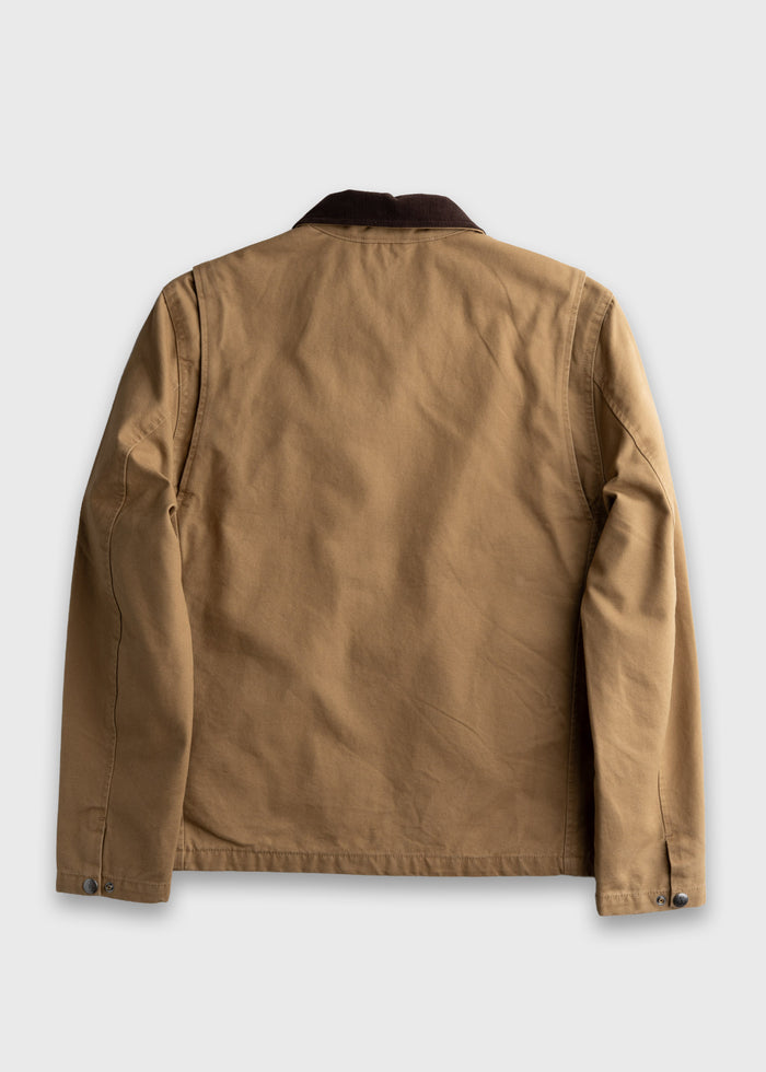 Brown jacket with a dark collar, viewed from the back, on a plain background. Simple design with buttoned cuffs.