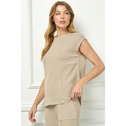 SAS - Drop Shoulder, Striped Top & Cropped Pants Set 3951 / 7345 - Khaki/Cream.