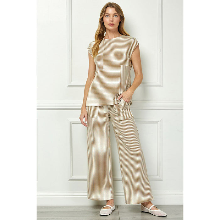 SAS - Drop Shoulder, Striped Top & Cropped Pants Set 3951 / 7345 - Khaki/Cream.