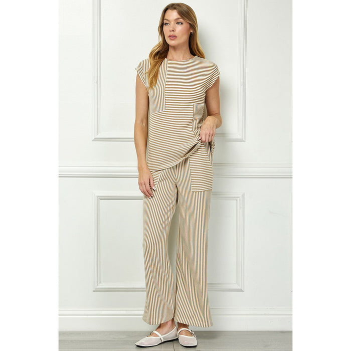 SAS - Drop Shoulder, Striped Top & Cropped Pants Set 3951 / 7345 - Khaki/Cream.