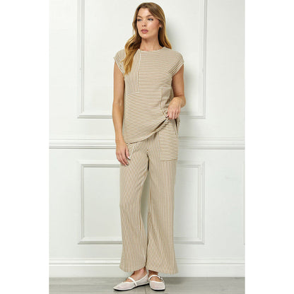 SAS - Drop Shoulder, Striped Top & Cropped Pants Set 3951 / 7345 - Khaki/Cream.
