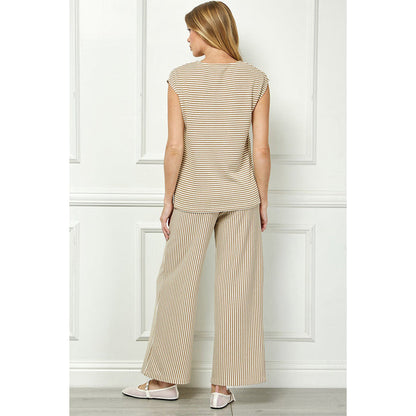 SAS - Drop Shoulder, Striped Top & Cropped Pants Set 3951 / 7345 - Khaki/Cream.