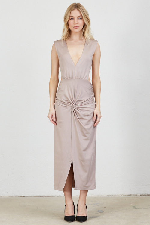 Sculptural Twist Plunge Open Back Midi Dress