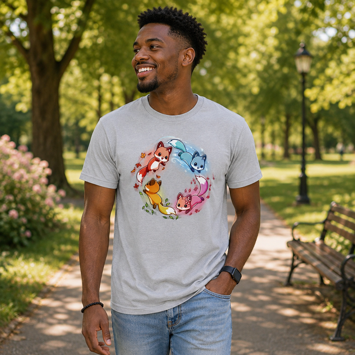 Premium Cotton T-shirt_TeeTurtle silver gray Seasonal Foxes apparel featuring a pink spring fox, gold summer fox, orange autumn fox, and blue winter fox chasing each other in a circle.