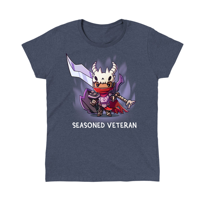 Classic Cotton T-shirt_TeeTurtle Seasoned Veteran heather navy t-shirt featuring a fantasy themed fighter dressed in moderately tattered garments and armor, wearing a skull, and carrying a large sword and shield.